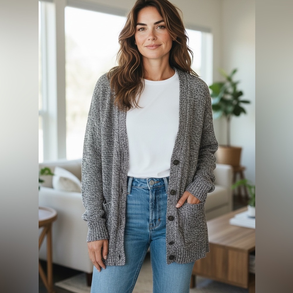 Madewell Grey Marled Knit Boyfriend Cardigan Pockets Soft Cotton Blend Small